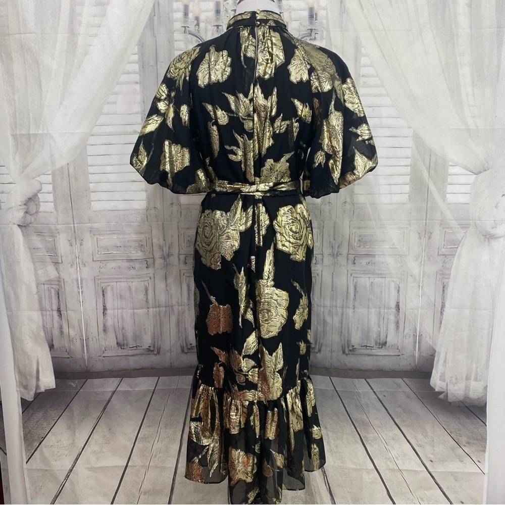 Alex Marie Black Gold Mock Neck Puff Sleeve Midi Dress Belted Pockets Cocktail - Picture 10 of 16